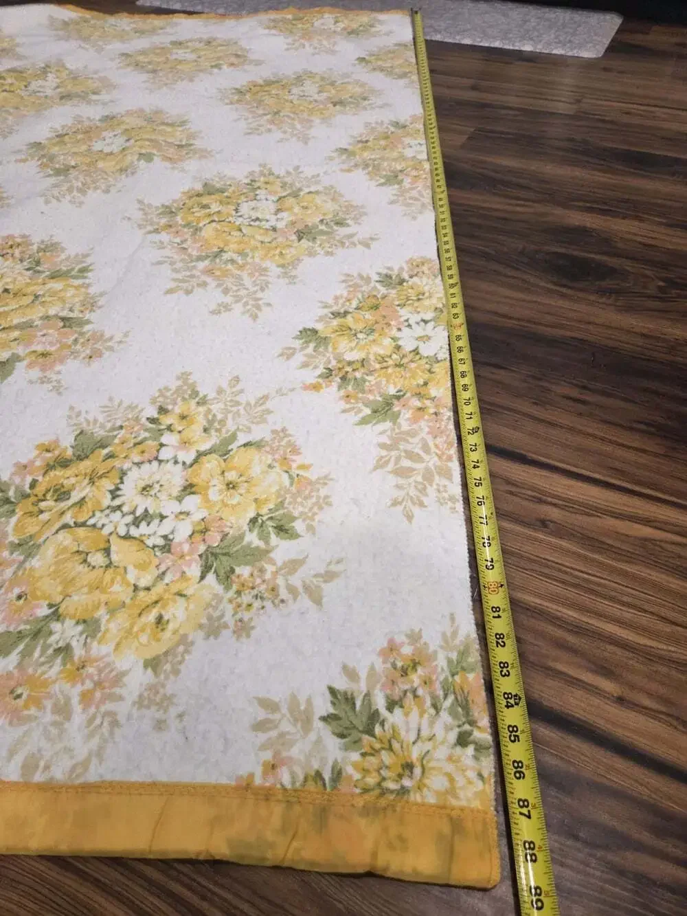 2 Vtg Floral Thermal Blankets Yellow Satin Trim 89x70 Twin Handmade 70s Groovy